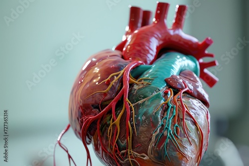 A realistic model depicting the intricate structure of a human heart, including detailed blood vessels, A 3D model of a complex cardiovascular injury, AI Generated