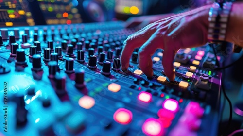 Sound engineer with studio sound and visual mixer focuses on directing and recording studios, as well as media and events, using close-ups.