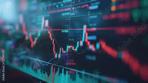 Close-up financial chart on blue monitor with uptrend line candlestick graph in stock market.