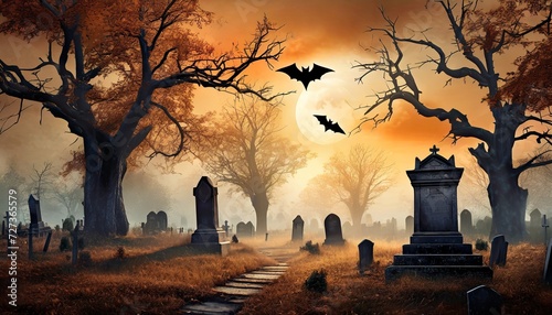 spooky halloween background with cemetery