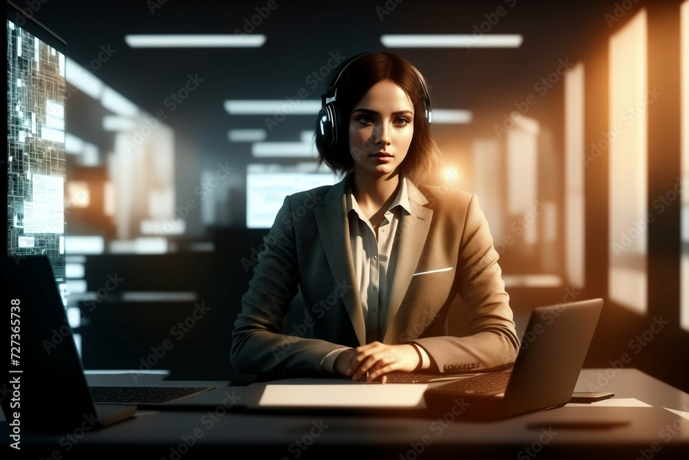 Side view of serious young woman sitting in front of computer monitors in dark office Side view of serious young woman sitting in front of computer monitors in dark office