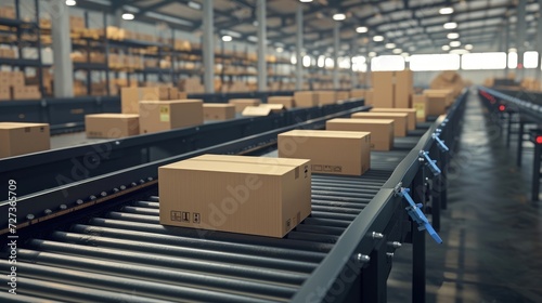 Warehouse distribution with a row of cardboard boxes for e-commerce and automated logistics, as a wide banner with space for text.