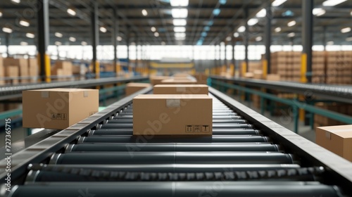 Warehouse distribution with a row of cardboard boxes for e-commerce and automated logistics, as a wide banner with space for text. © OLGA