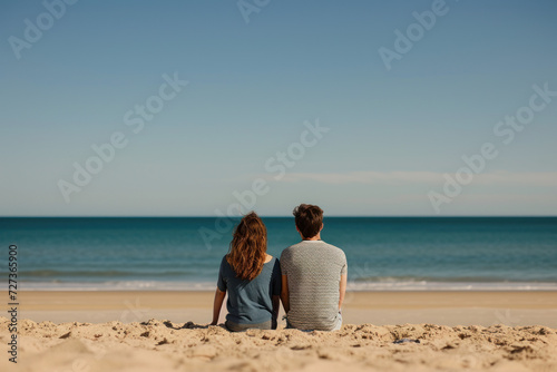 a couple, a man and a woman, as they sit side-by-side on a sandy beach during their vacation