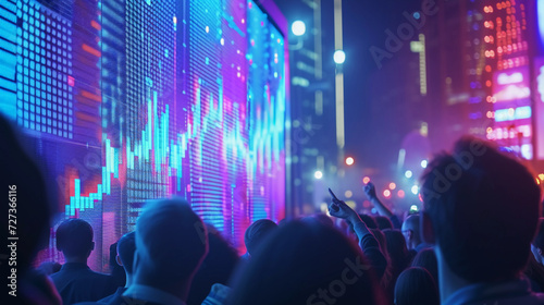 successful IPO launch, with vibrant, dynamic graphs showing stock prices soaring, surrounded by a crowd of business professionals cheering, capturing the expressions of joy and success
