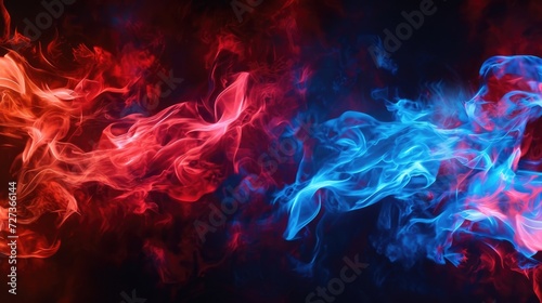 Black background sets the stage for lively red and blue flames in motion.