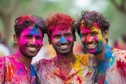Three cheerful men with curly hair and colored powder on their faces and clothes at the Holi festival.