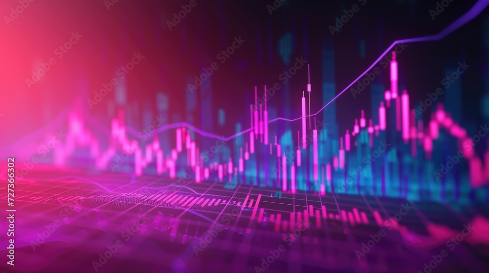 A stock market candlestick chart on a bright neon background showing a rising trend.