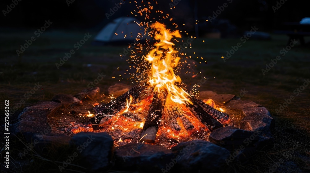 Fototapeta premium Flaming sparks illuminate a campfire amidst the darkness of the night.