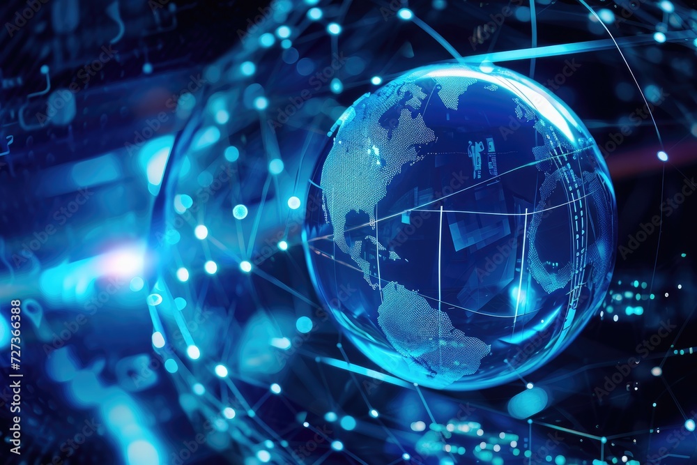 A photo featuring a globe in blue and black colors, with lines and dots forming a visual pattern around it, A blue globe encased in a network shield, AI Generated A photo featuring a globe in blue and black colors, with lines and dots forming a visual pattern around it, A blue globe encased in a network shield, AI Generated