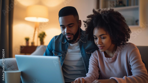 young couple looking anxiously at a laptop screen showing rising prices and bills, in a modest living room setting, evening light casting shadows