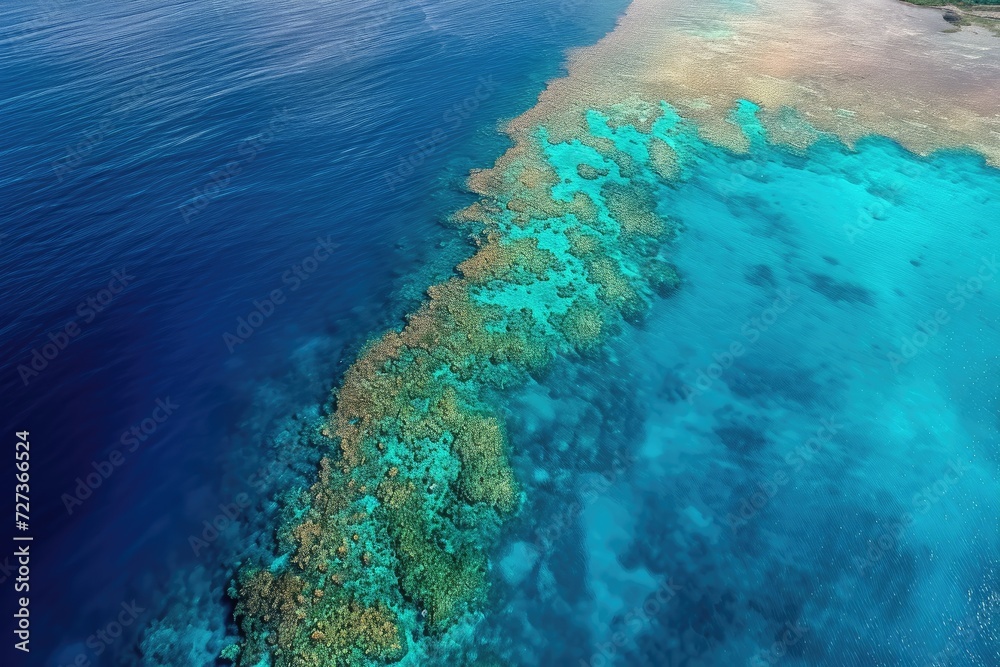 Fototapeta premium This photo provides an aerial perspective of a vibrant coral reef ecosystem teeming with marine life, A bird's eye view of the Great Barrier Reef, AI Generated
