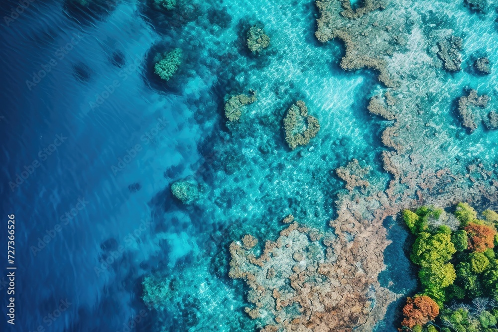This aerial photo captures a vibrant coral reef teeming with marine life in the crystal-clear waters of the ocean, A bird's eye view of the Great Barrier Reef, AI Generated