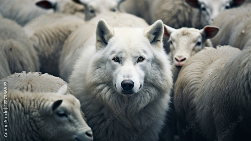 A wolf hiding among a flock of sheep leading