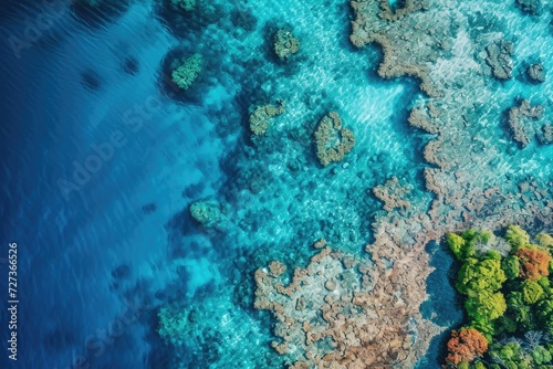 This aerial photo captures a vibrant coral reef teeming with marine life in the crystal-clear waters of the ocean, A bird's eye view of the Great Barrier Reef, AI Generated