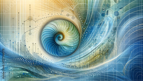 Tranquil Econometrics: Serene Fibonacci Spiral in Soothing Blues and Greens. photo