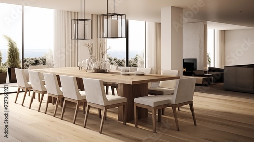 Opt for a large dining table with clean lines and comfortable chairs for a functional and inviting dining spacear