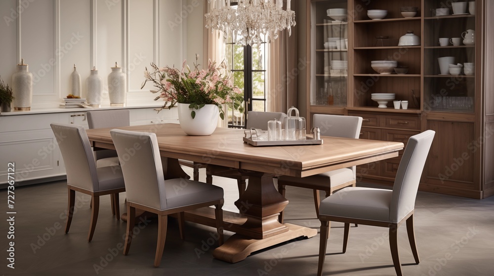 Opt for a large, extendable dining table to accommodate gatherings and maintain a sense of spaciousnessar