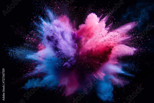 Explosion of purple blue pink powder on a black background. Happy Holi concept. Abstract background.
