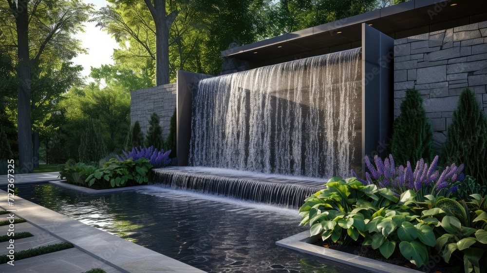 Outdoor home water feature: a wide banner with copy space for garden landscape design concepts.