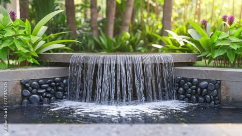 Outdoor home water feature: a wide banner with copy space for garden landscape design concepts.