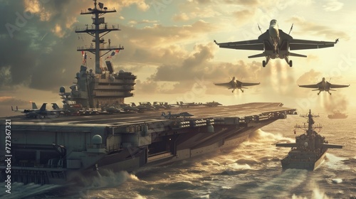 Fighter jets taking off from a military aircraft carrier during a special operation in a warzone, captured in a panoramic view.