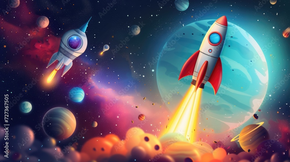 Exciting rocket adventure in a fun, child-friendly cartoon space setting.