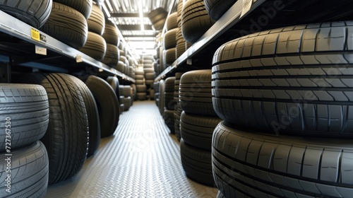 Close-up of car tires in a shop's bulk rubber gallery.