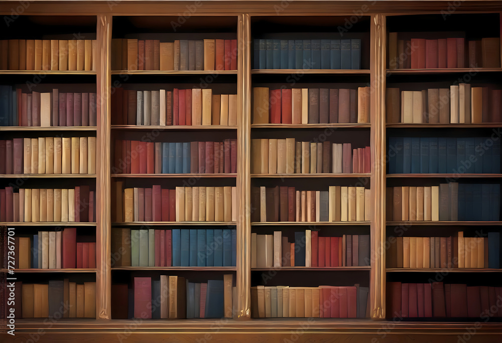 Elegant Wooden Bookshelves Filled with Colorful Books