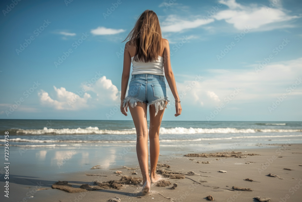Young woman walking towards the sea on a sandy beach, with a clear sky overhead, embodying a sense of freedom and calm. Young woman walking towards the sea on a sandy beach, with a clear sky overhead, embodying a sense of freedom and calm.