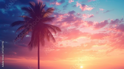 Flat icon design featuring a vintage filter background, showcasing the silhouette of a palm tree during a sunset. © OLGA