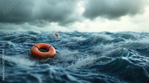 Orange life buoy floating in stormy ocean.