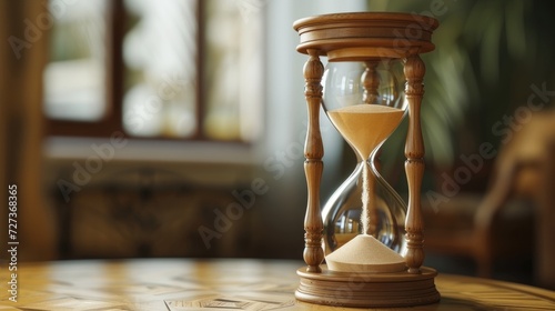 The sand in an hourglass on a table represents the passage of time.