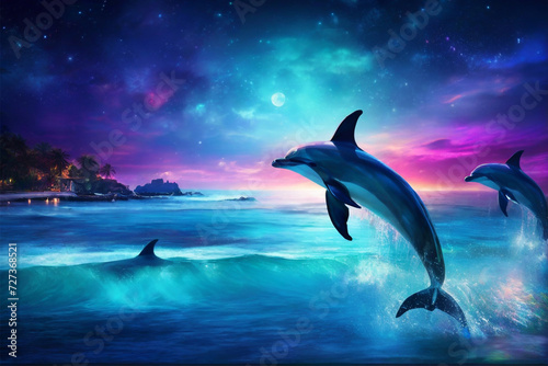 Moonlit Seascape with Glowing Dolphins  multicolor  bokeh