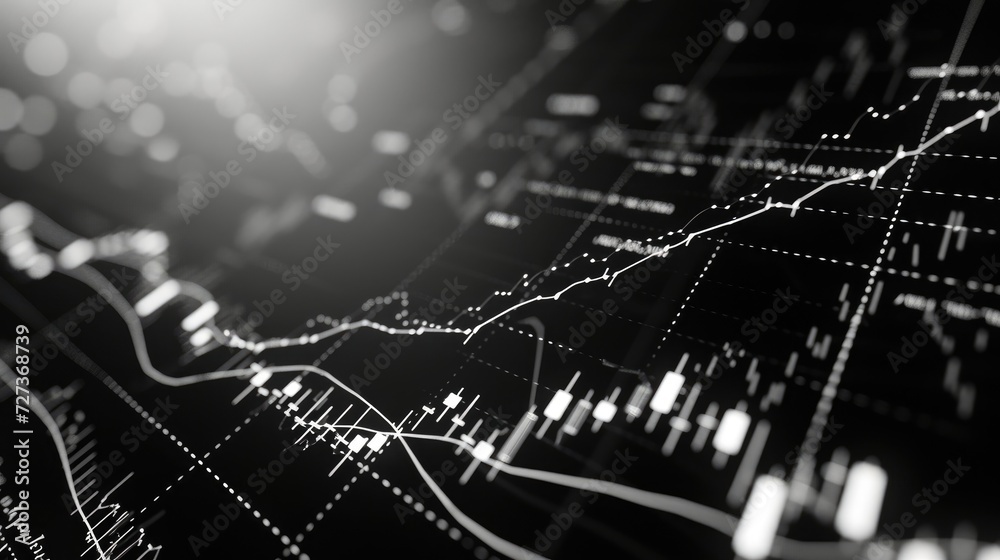 Black and white background hosts a widescreen abstract financial chart ...
