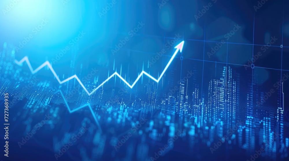 Blue backdrop with financial bar chart, uptrend line, and widescreen abstract stock market graph.