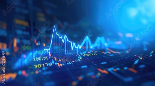 Blue backdrop with financial bar chart, uptrend line, and widescreen abstract stock market graph.