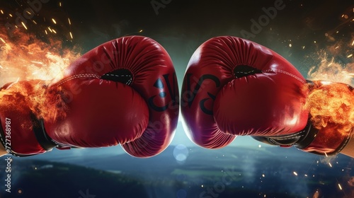 Large poster featuring fiery boxing gloves with ample space for text on either side. photo