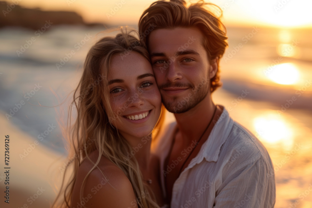 a young happy couple on the seashore, basked in the warm and golden light of the sunset a young happy couple on the seashore, basked in the warm and golden light of the sunset