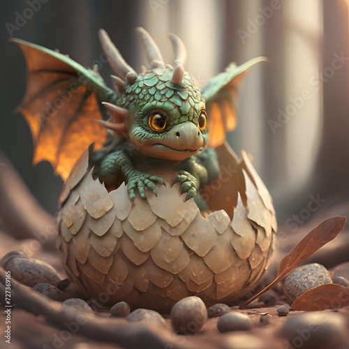 adorable newborn dragon kid   hatching from egg in forest. 2024 year chinise symbol  New year concept. animation style. AI generated