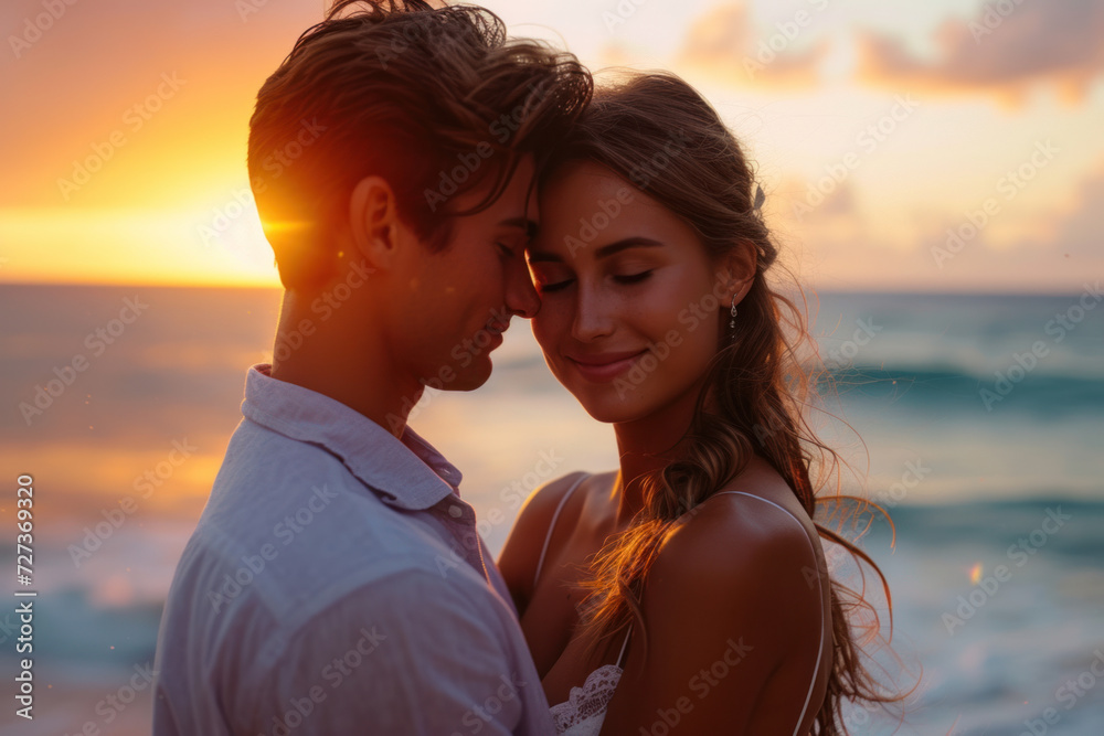 a young happy couple on the seashore, basked in the warm and golden light of the sunset