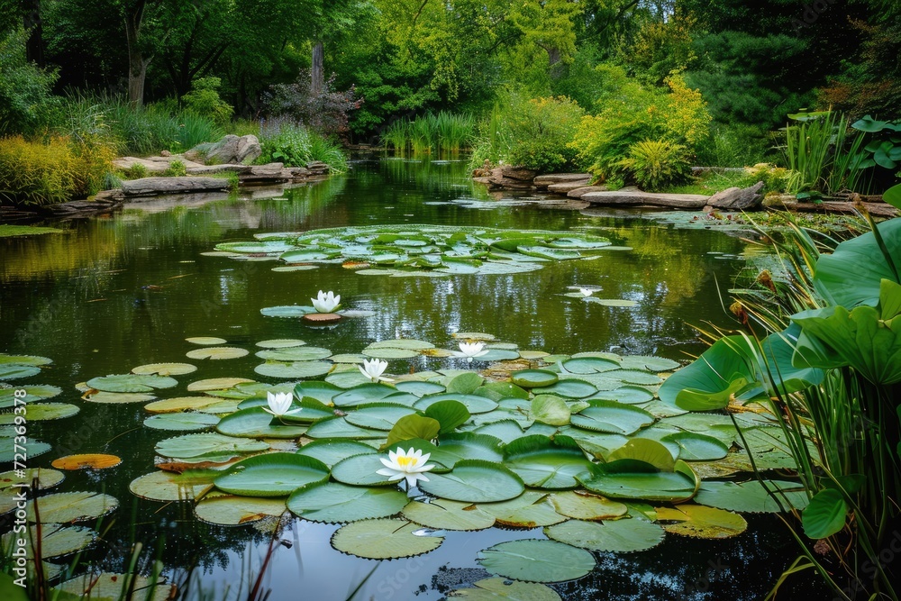 A pond filled with numerous water lilies floating on the waters surface, A charming, tranquil pond with lily pads, AI Generated