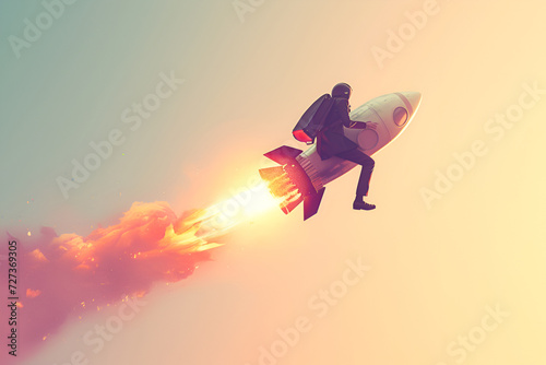A business man flies on a rocket, delivers parcels. Super fast delivery, cool service, online purchase. Copy space, Mixed media
