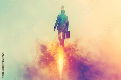 man riding a rocket in the sky, concept business of businessman with success.