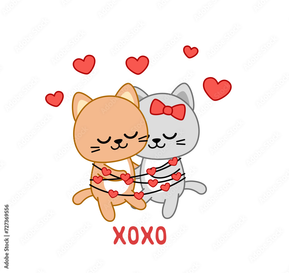 Hugging kittens. XOXO. Valentine day card. Kawaii, cartoon, vector Hugging kittens. XOXO. Valentine day card. Kawaii, cartoon, vector