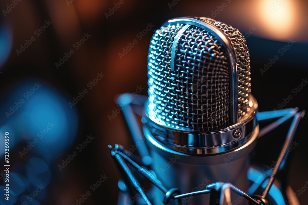 A detailed view of a microphone placed on a table, A close-up image of a professional grade microphone used for podcast recording, AI Generated A detailed view of a microphone placed on a table, A close-up image of a professional grade microphone used for podcast recording, AI Generated