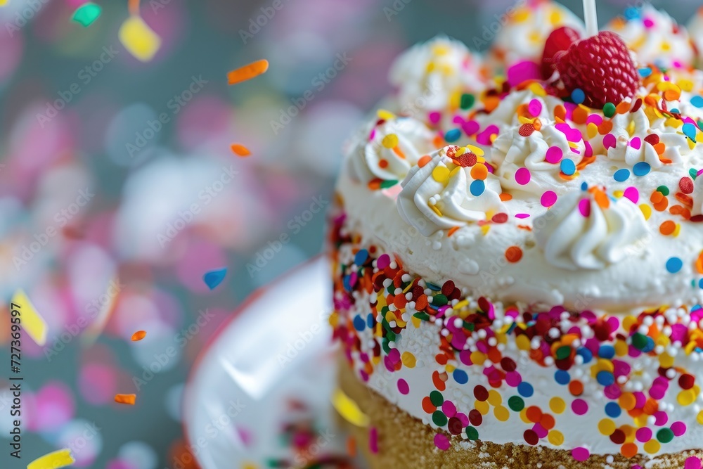 A delicious birthday cake covered in white frosting and adorned with colorful sprinkles, A close-up of a birthday cake surrounded by colorful confetti, AI Generated