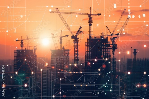 City Skyline Abuzz With Construction Cranes, A city skyline under construction featuring cranes with AI-assisted controls, AI Generated