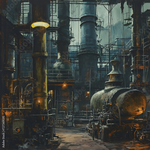 Industrial scene at night with towering distillation columns, pipes, and glowing lights