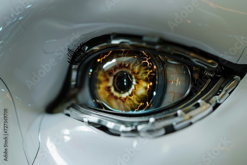 This close-up photo captures the intense gaze of a persons eye while inside a car, A close-up view of a robot's eye, AI Generated